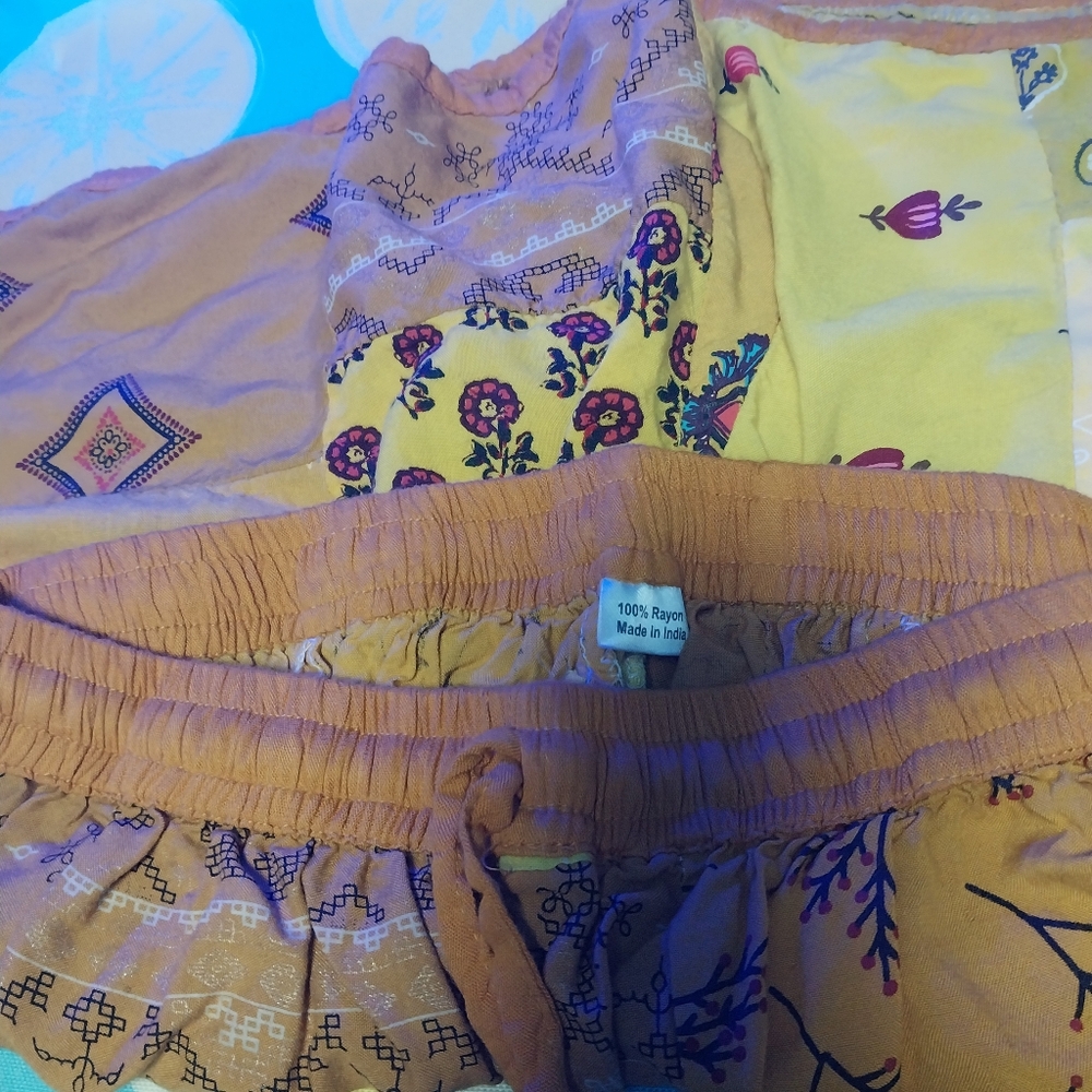 Yellow mustard gold rayon sari patchwork elastic waist shorts